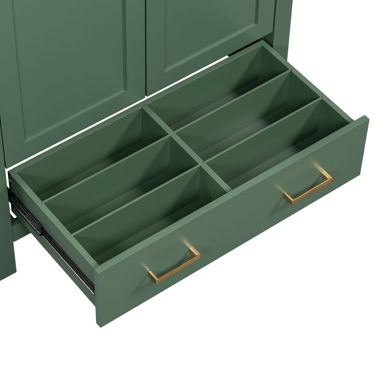 Green solid wood bathroom vanity with open storage drawers and brass pulls on Tampa Home & Garden Store