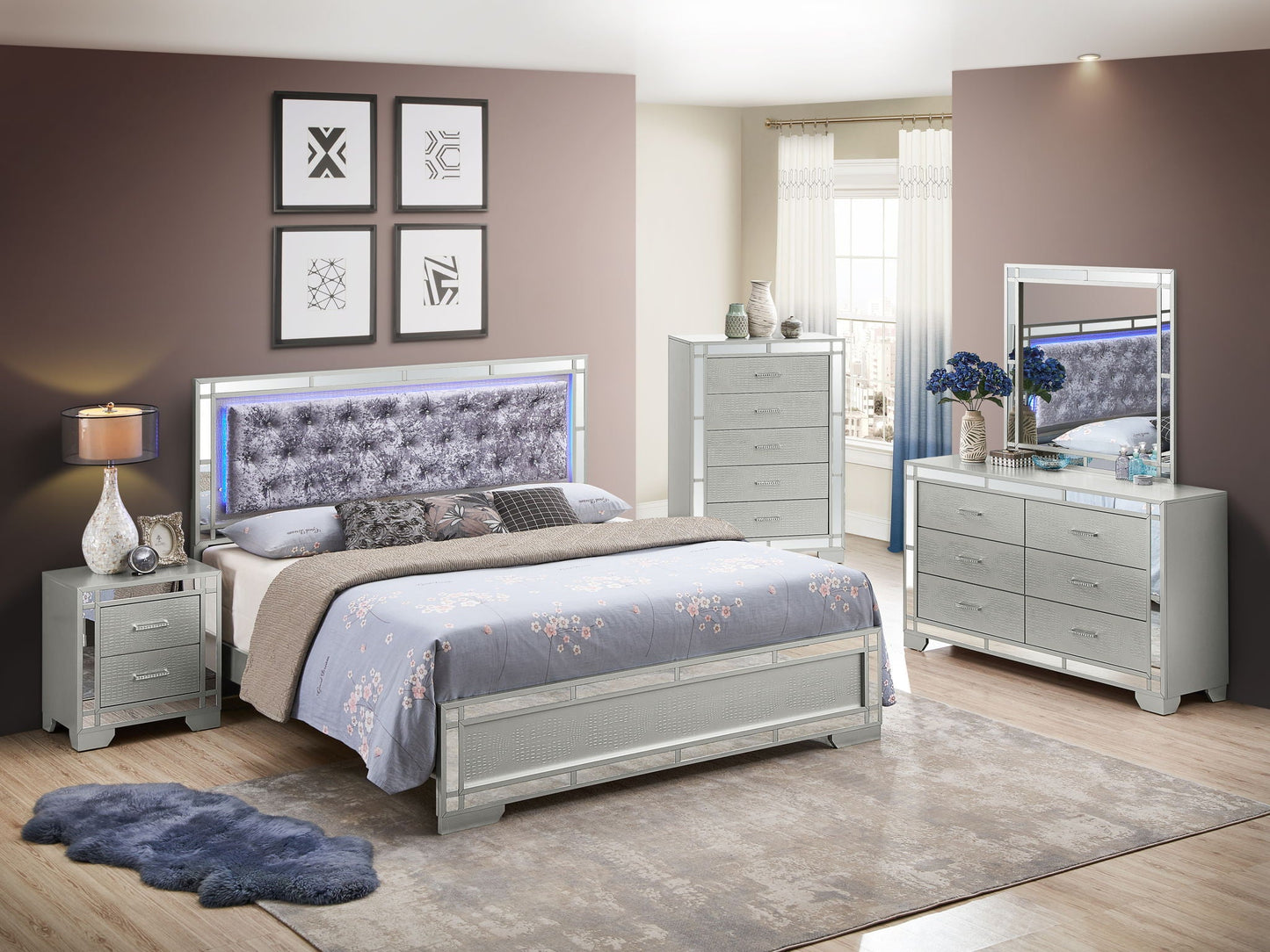 Madison Upholstered Bed With LED by HouseOfZazla silver mirrored frame tufted gray headboard on Tampa Home & Garden Store