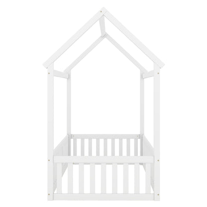 Wood House Bed with Fence and Door, white platform bed frame HouseOfZazla on Tampa Home & Garden Store