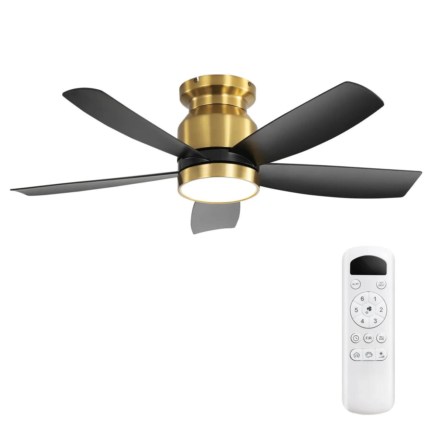 Flush mount ceiling fan with LED light brass body black blades remote on Tampa Home & Garden Store