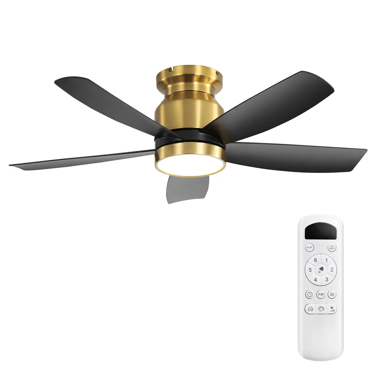 Flush mount ceiling fan with LED light brass body black blades remote on Tampa Home & Garden Store