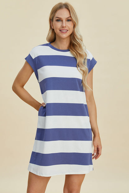 Striped mini dress in blue and white, round neck, cap sleeves, knee-length casual dress on Tampa Home & Garden Store