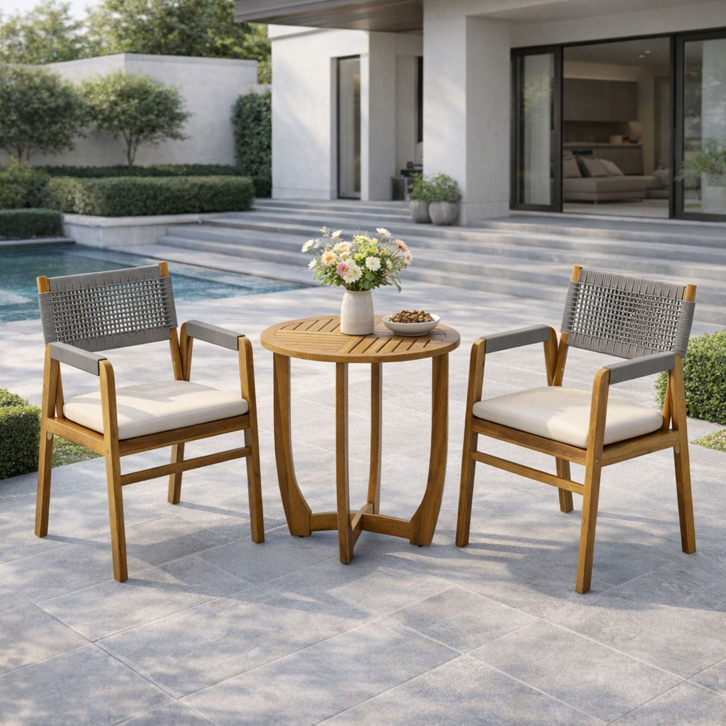 Outdoor 3 Piece Teak Dining Set with Gray Cushion