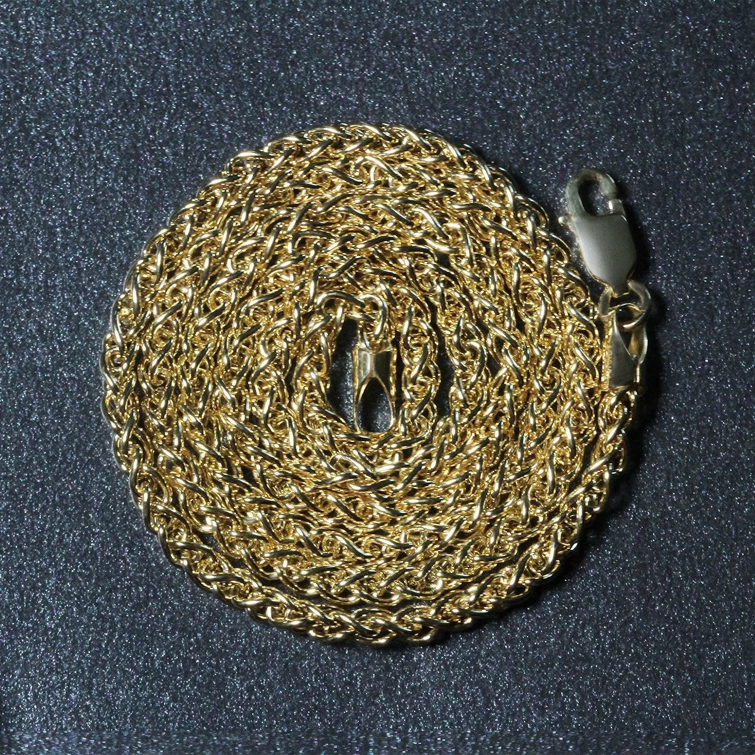 14k yellow gold 2.8mm light-weight wheat chain necklace with gold links on dark background on Tampa Home & Garden Store