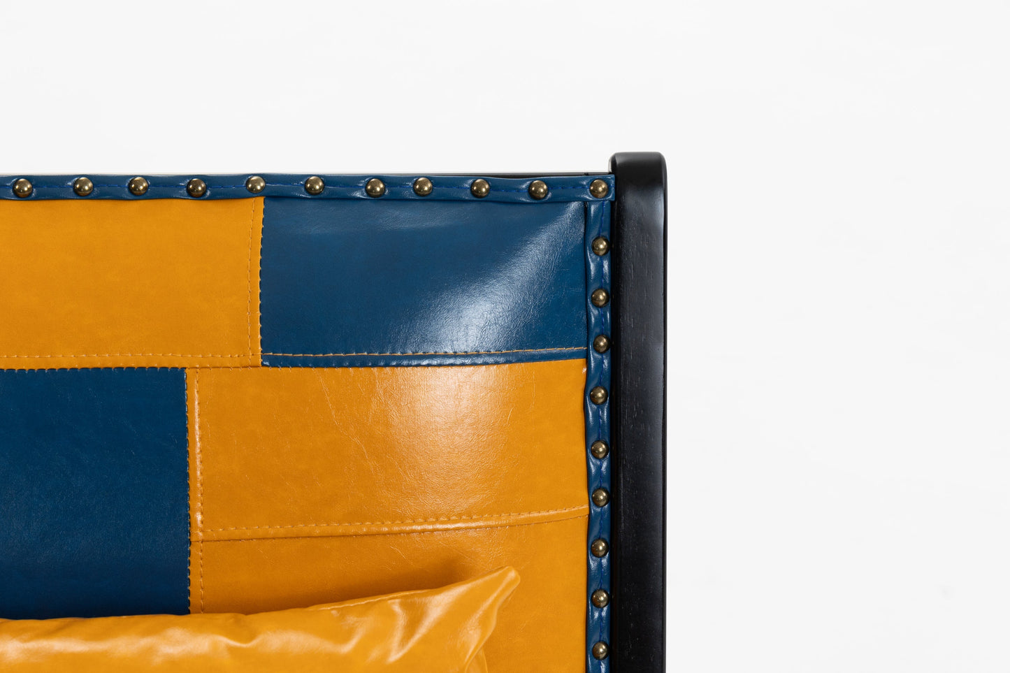 Modern Boho Accent Chair in blue and orange patchwork leather with brass nailhead trim on Tampa Home & Garden Store
