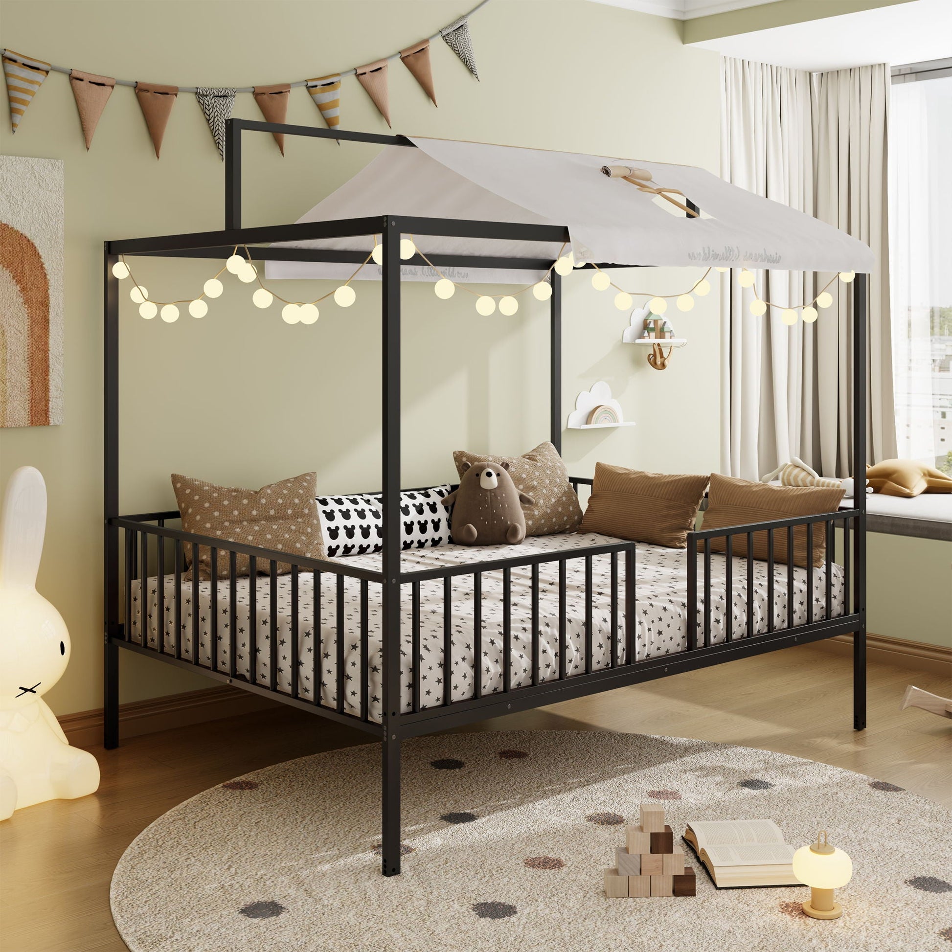 3 In 1 Montessori Floor Bed With Fenced Support black frame white canopy star sheet lights on Tampa Home & Garden Store