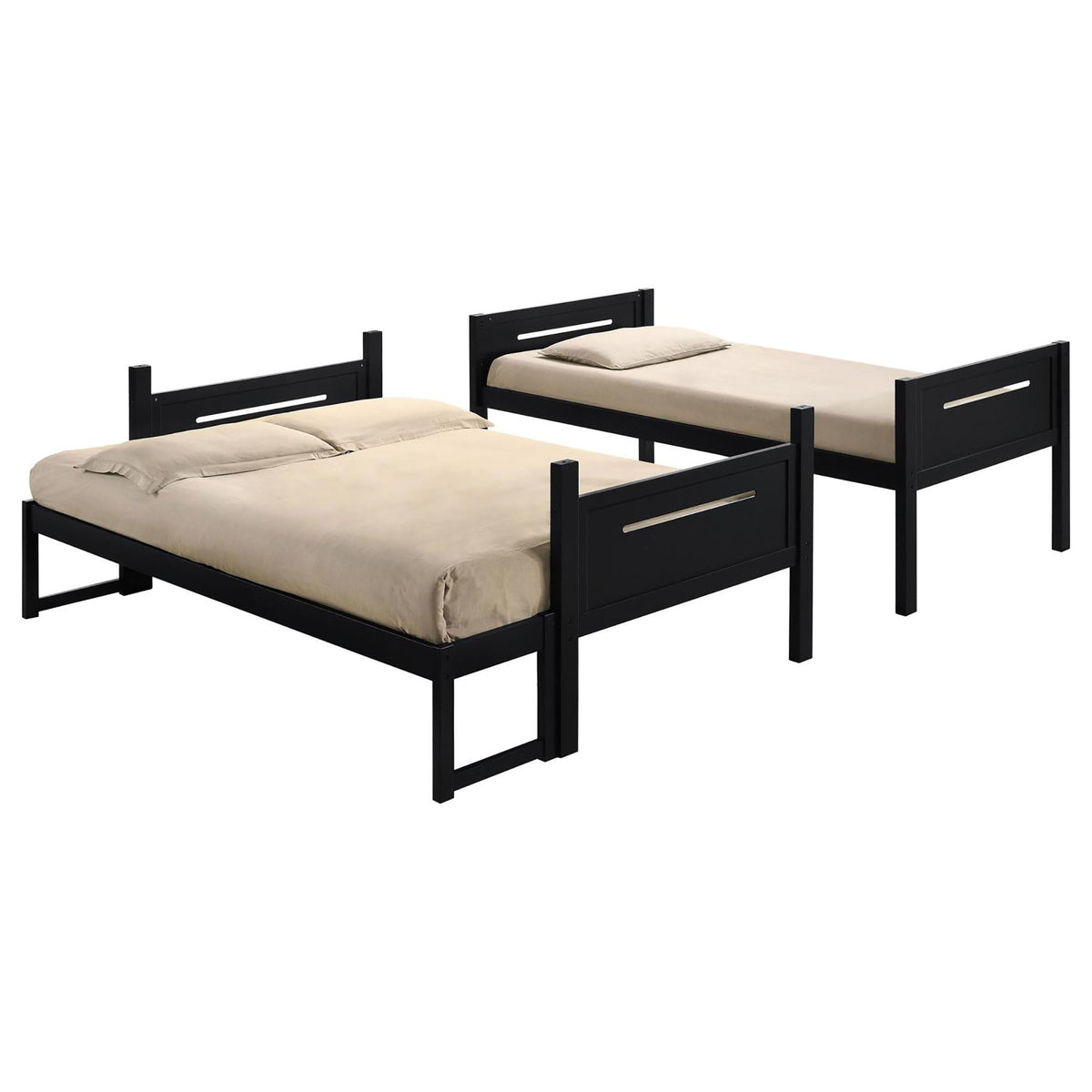 Black bunk beds with beige mattresses, three frames shown on Tampa Home & Garden Store