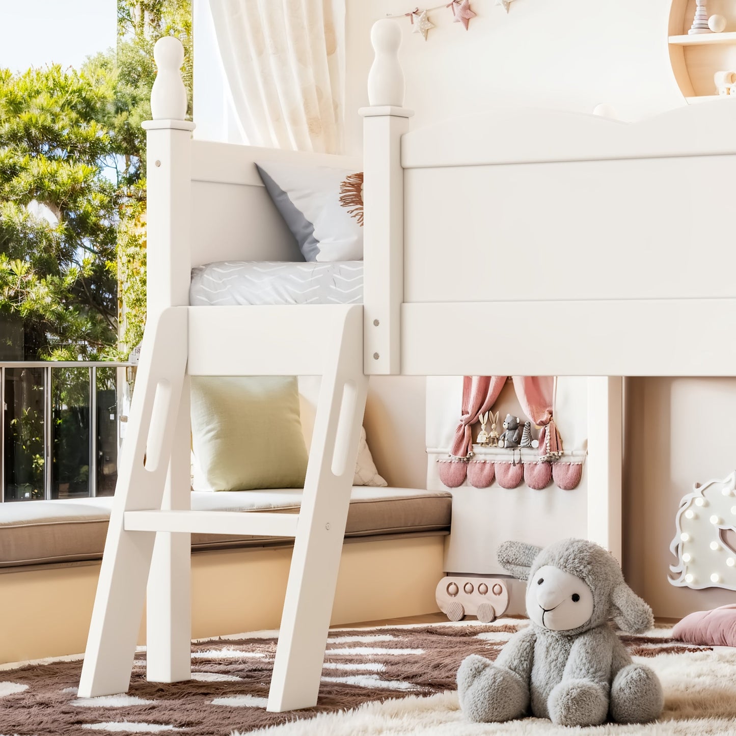 Full Size Low Loft Bed with Full-Length Guardrails, white finish with ladder on Tampa Home & Garden Store