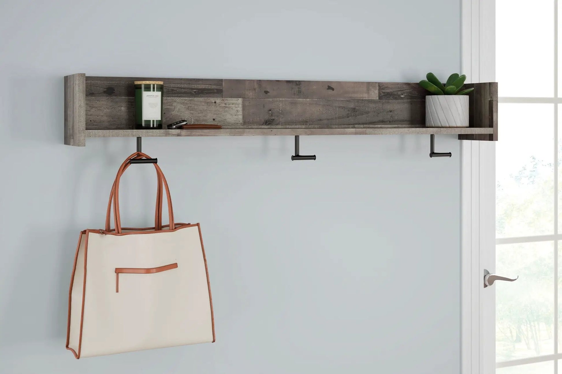 Neilsville wall mounted coat rack by Unique Piece Furniture, rustic wood plank with black hooks on Tampa Home & Garden Store
