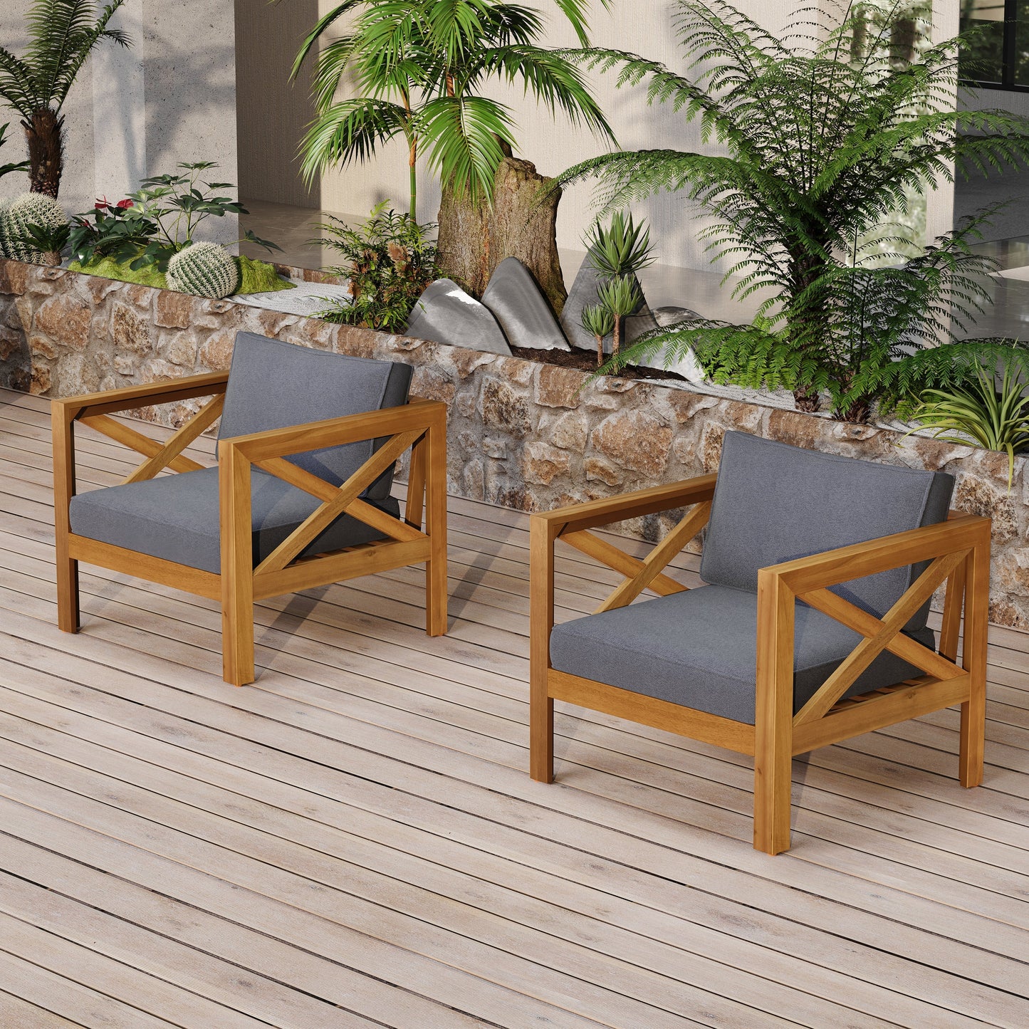 Patio Conversation Set by HouseOfZazla: foldable acacia wood table with cushioned gray chairs on Tampa Home & Garden Store