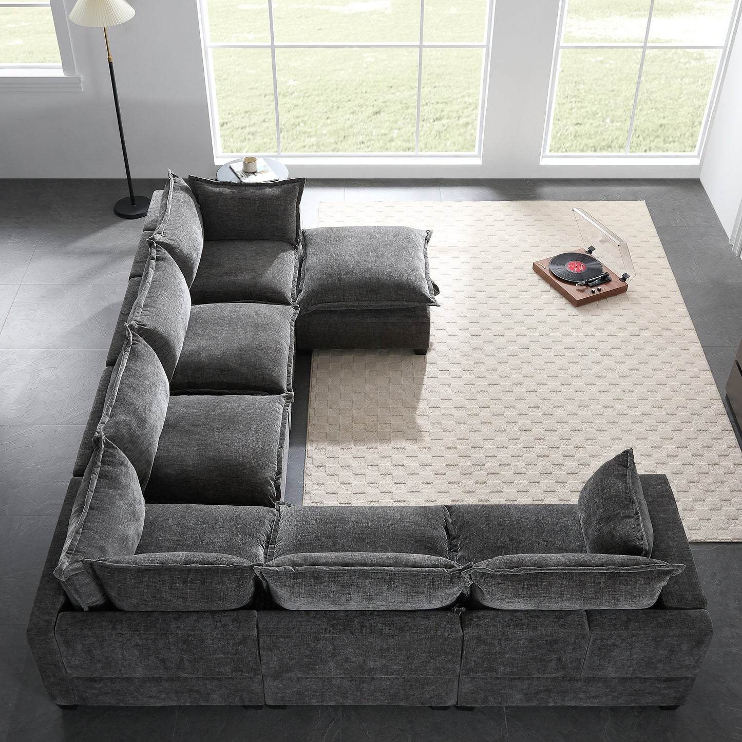 117.5'' Modular Sectional Sofa with Movable Storage Ottoman in dark gray fabric, modern living on Tampa Home & Garden Store