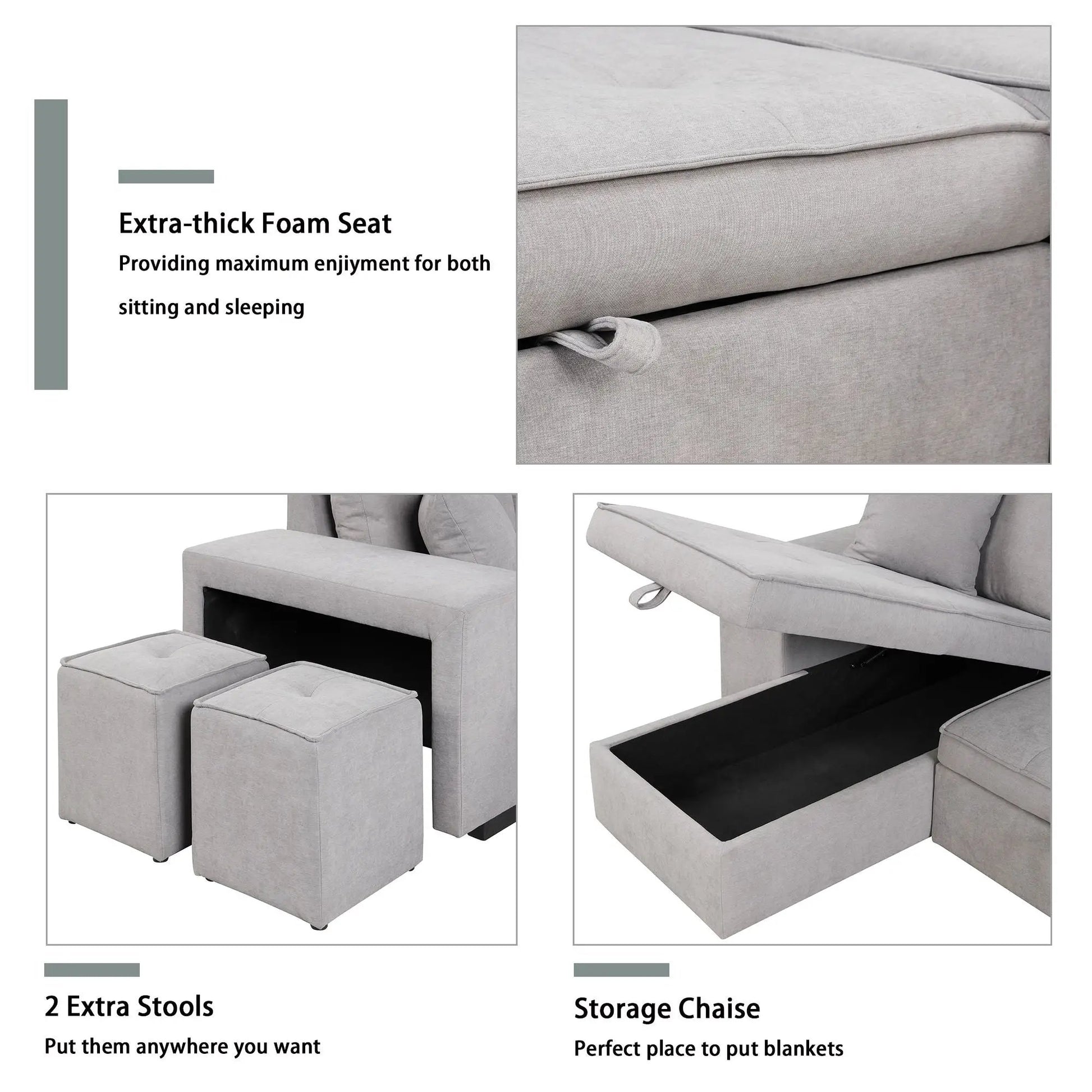 Modern L-shape 3-seat reversible sectional with storage chaise and 2 stools in gray fabric on Tampa Home & Garden Store