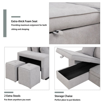 Modern L-Shape 3 Seat Sectional Couch gray fabric with storage chaise and 2 stools on Tampa Home & Garden Store