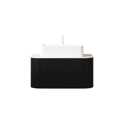 DINA 30in Bathroom Vanity Sink by HouseOfZazla, white sink atop black ribbed floating cabinet on Tampa Home & Garden Store