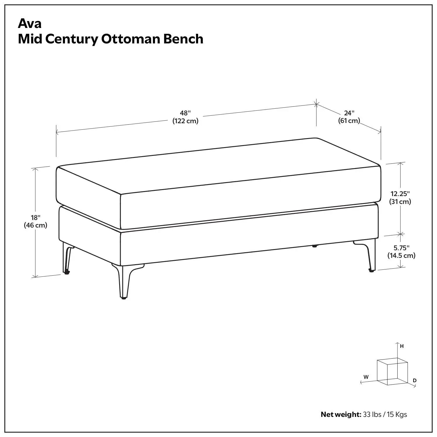 Ava Mid Century Upholstered Ottoman Bench by Unique Piece Furniture; ottoman with tapered legs on Tampa Home & Garden Store