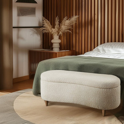 Flip Top Storage Bench beige upholstery with soft-close hinges at bed foot on Tampa Home & Garden Store