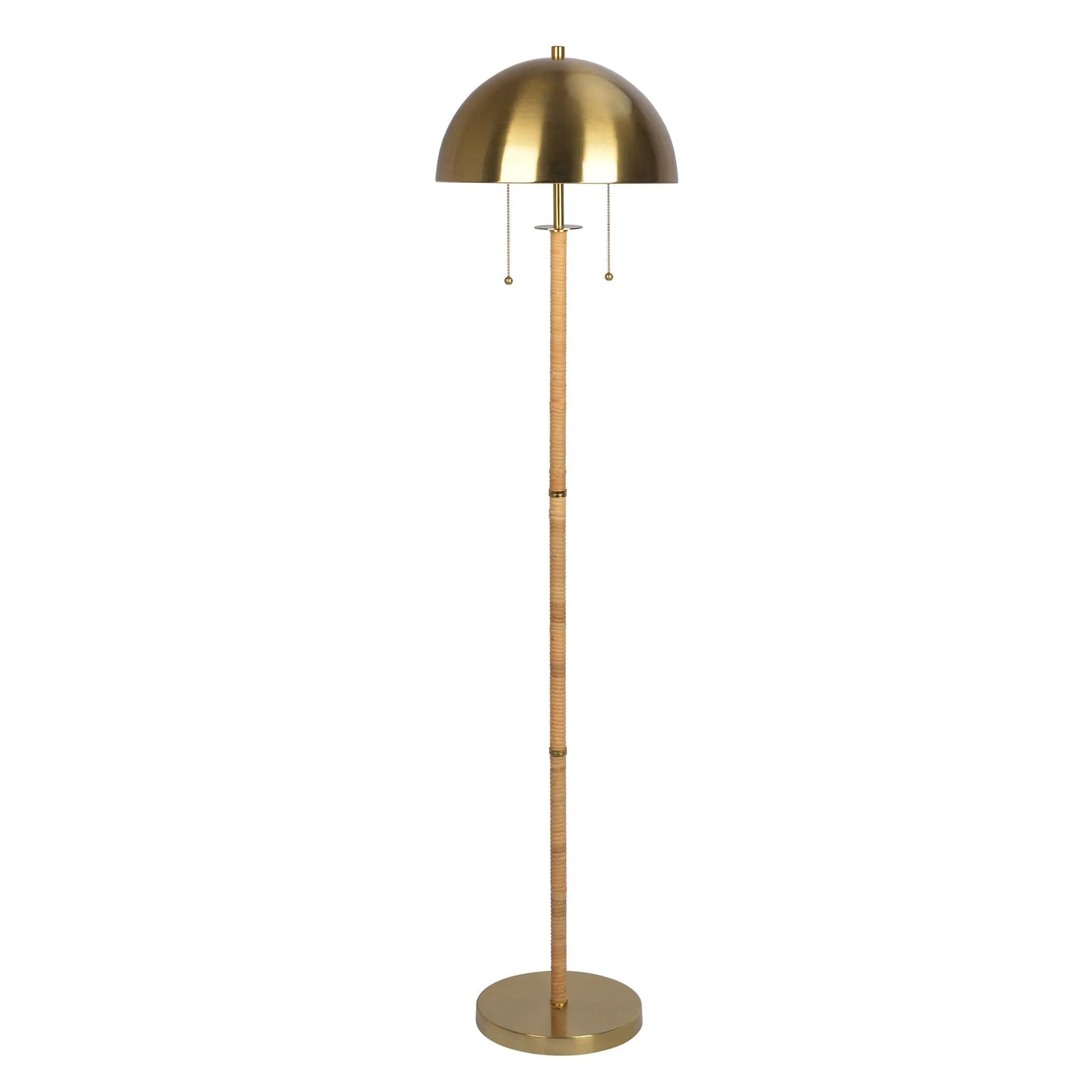 Allure 2-light floor lamp, gold dome shade, natural rattan tube, double pull chains on Tampa Home & Garden Store