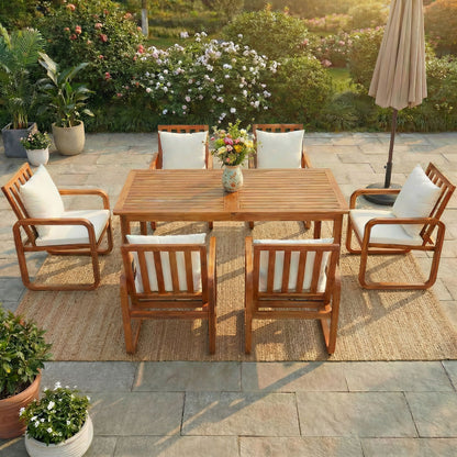 7 Piece Outdoor Patio Dining Set Removable Cushions wood with white cushions HouseOfZazla on Tampa Home & Garden Store