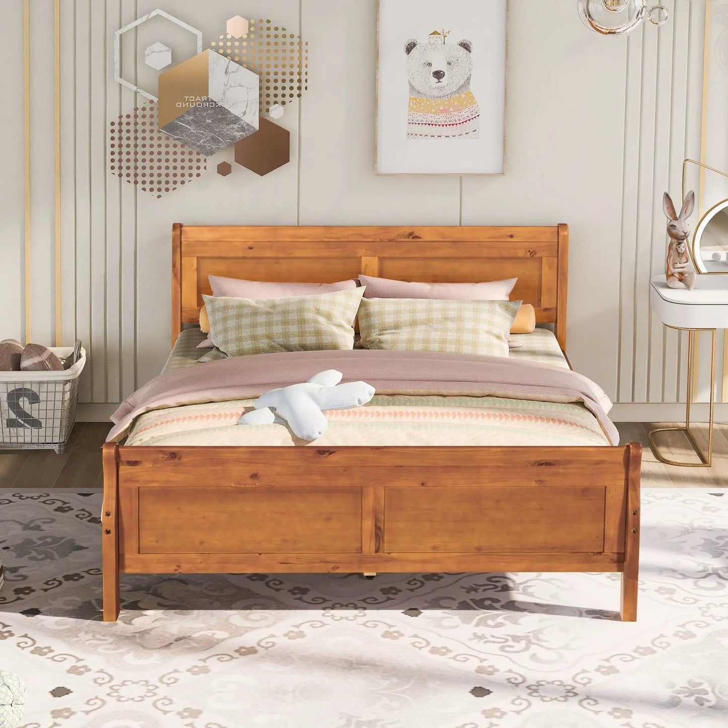Platform bed frame in warm wood finish with headboard and footboard and wood slat support on Tampa Home & Garden Store