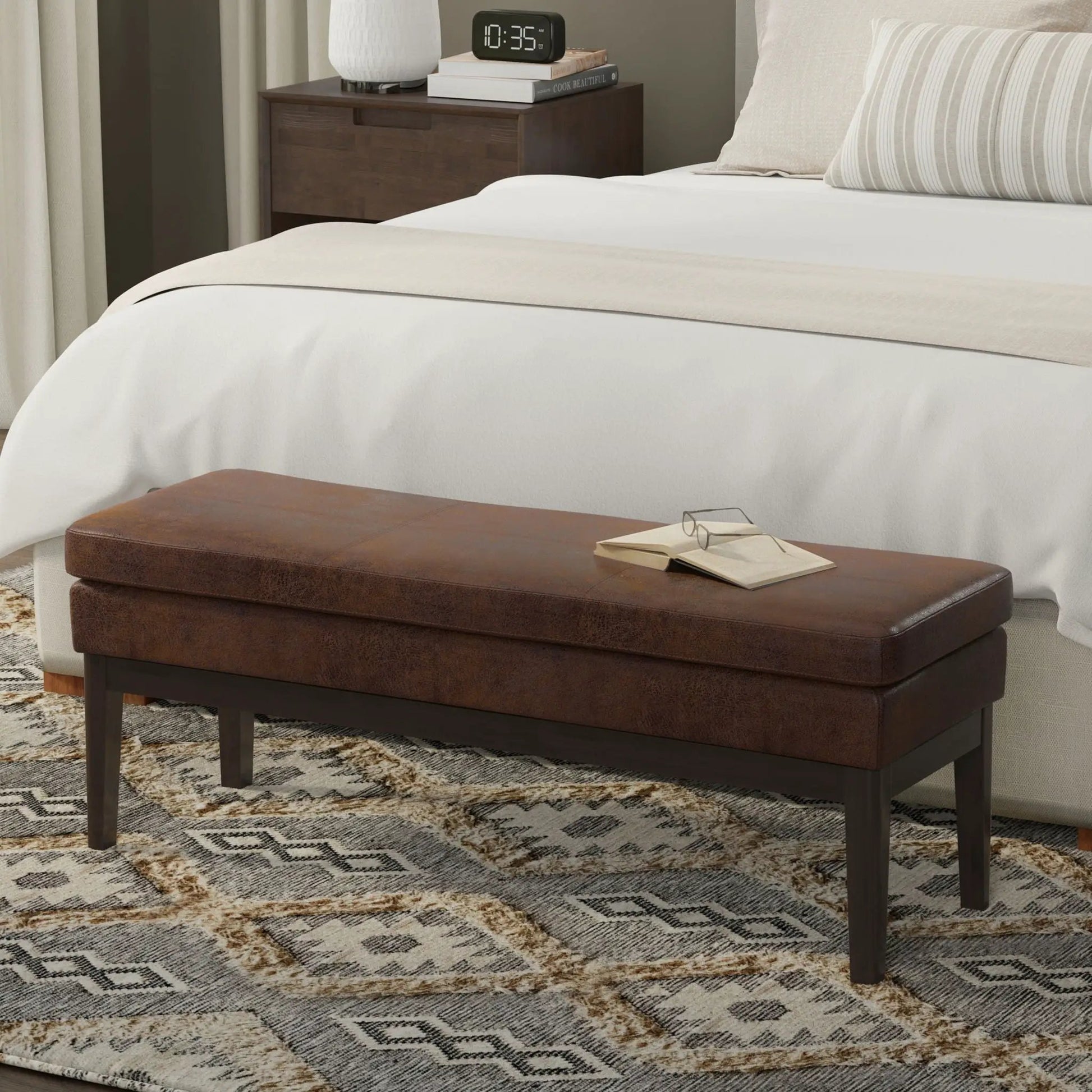 Carlson ottoman bench in brown leather with dark wood legs mid-century design on Tampa Home & Garden Store