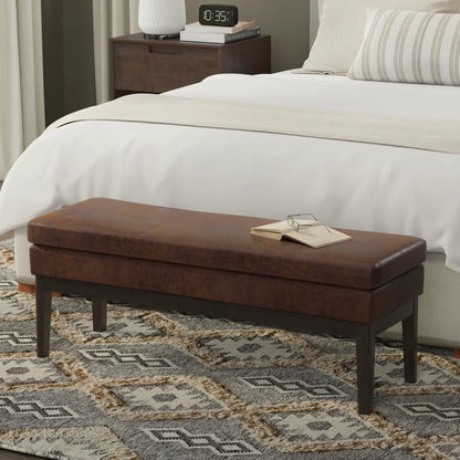 Carlson ottoman bench in brown leather with dark wood legs mid-century design on Tampa Home & Garden Store