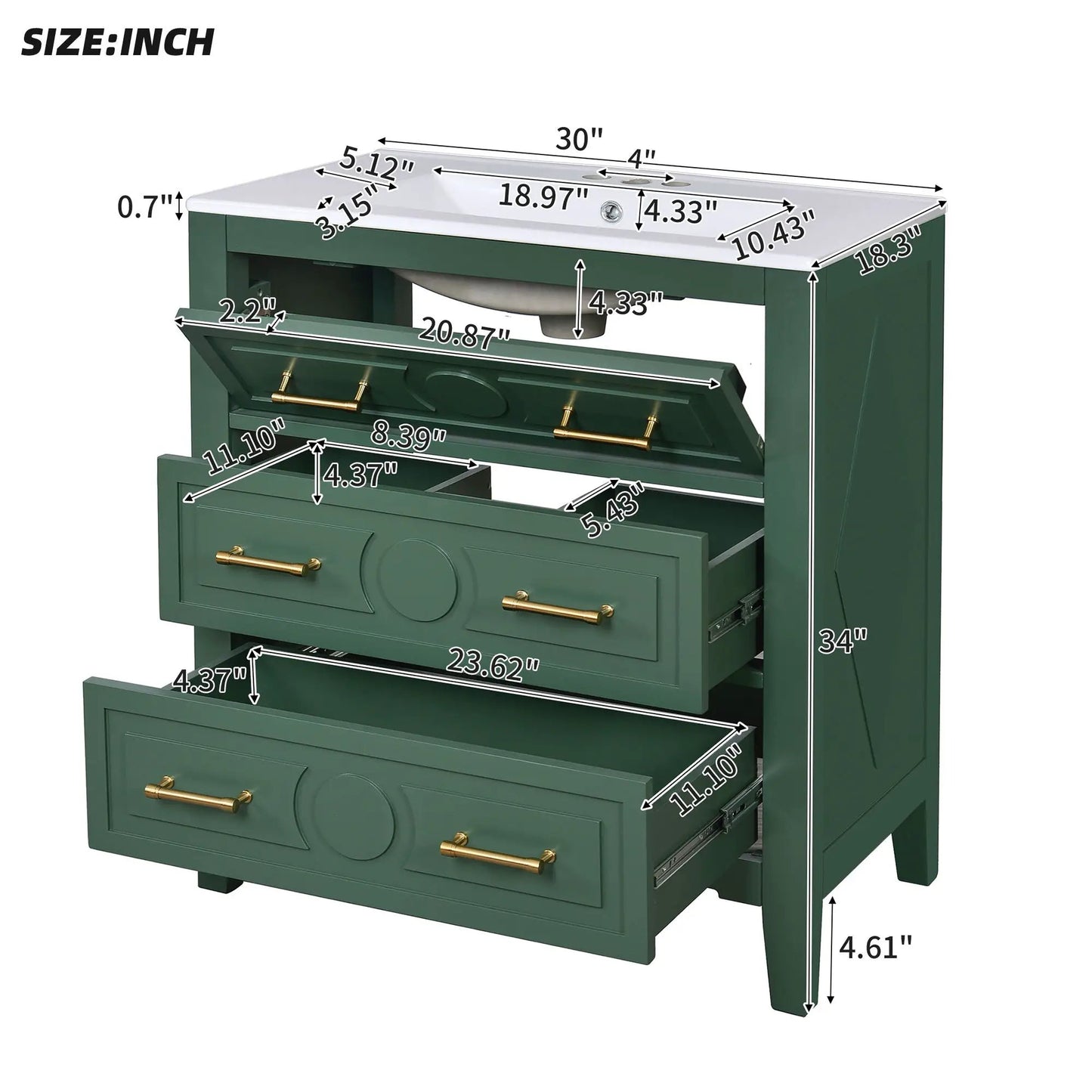 Retro green bathroom vanity with sink, 3 drawers, brass hardware Unique Piece Furniture on Tampa Home & Garden Store