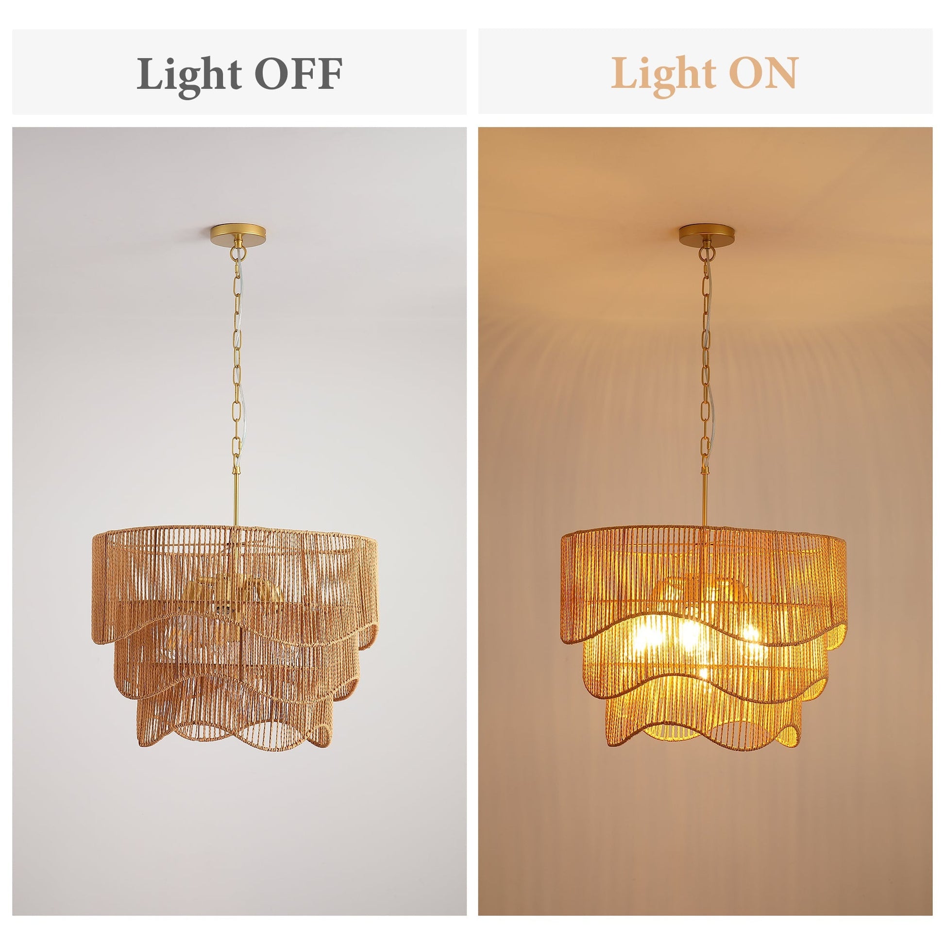 Handwoven paper rattan boho chandelier with 7-light E26 base, brass canopy and chain on Tampa Home & Garden Store