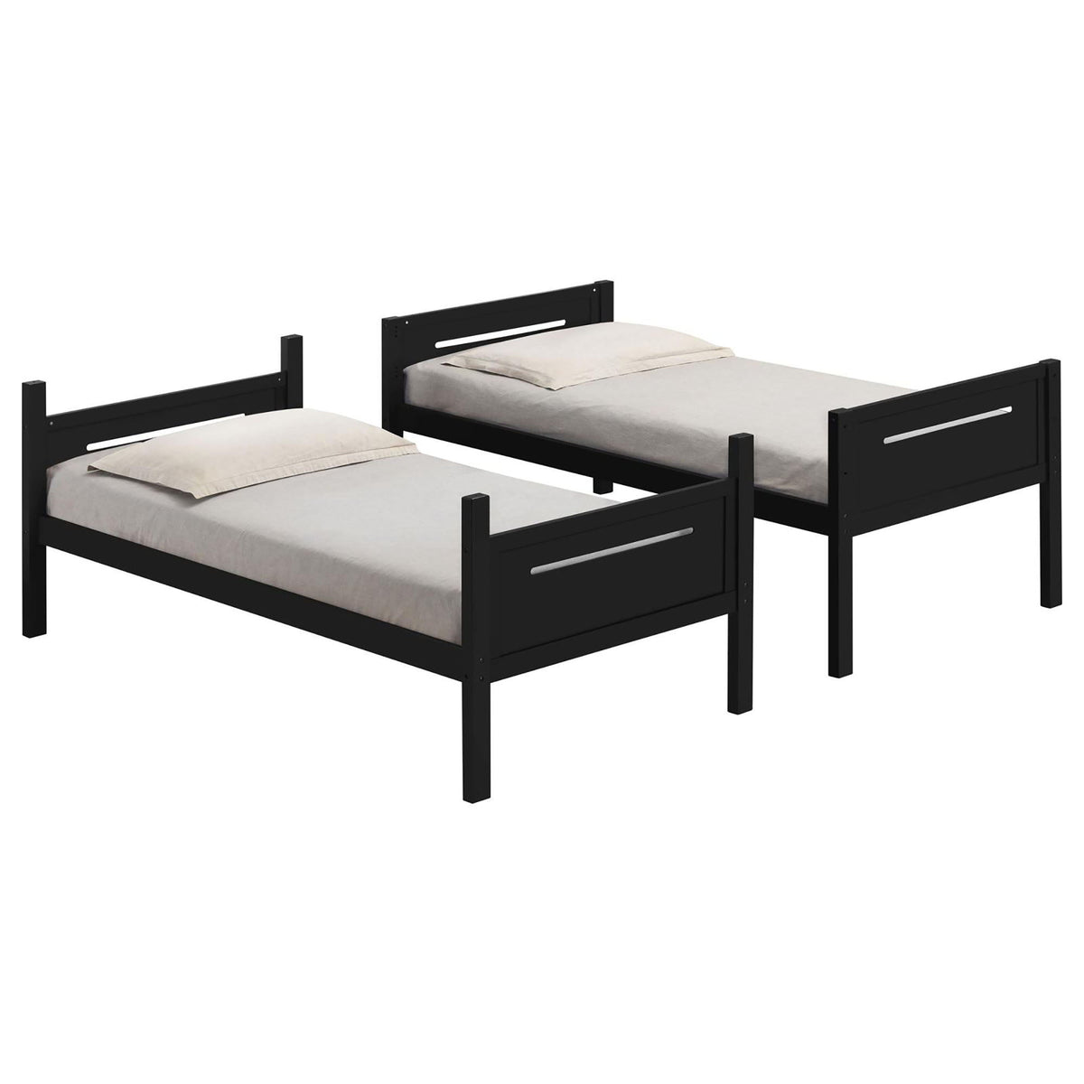 Three black metal bunk beds with simple slatted headboards in a row on Tampa Home & Garden Store