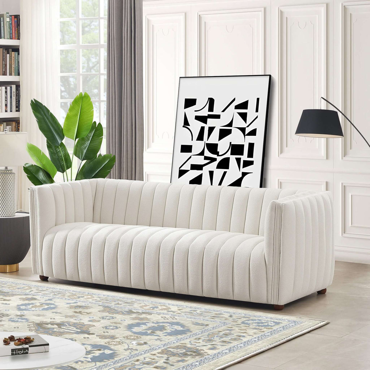Mid-Century Modern Boucle Couch Beige, HouseOfZazla, channel-tufted sofa in a white-panel room on Tampa Home & Garden Store