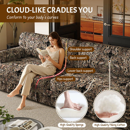 Comfortable Cloud Sofa with Rolled Arms and Skirt in paisley upholstery, woman reading on sofa on Tampa Home & Garden Store