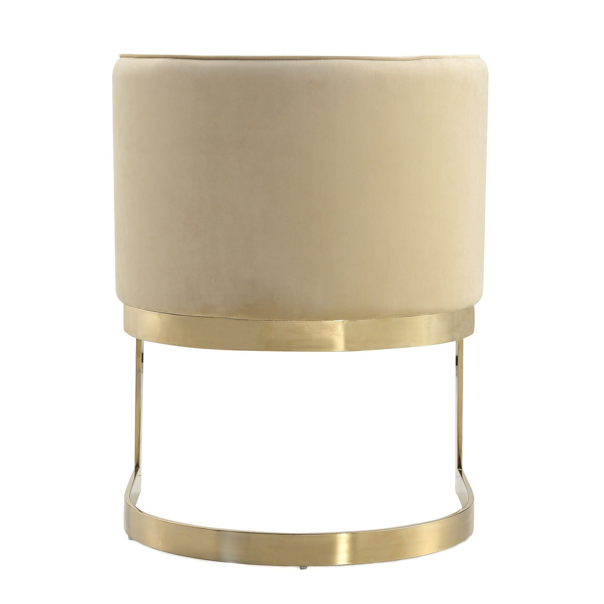 Aura Dining Chair with brass frame in beige velvet by HouseOfZazla, curved back, circular base on Tampa Home & Garden Store