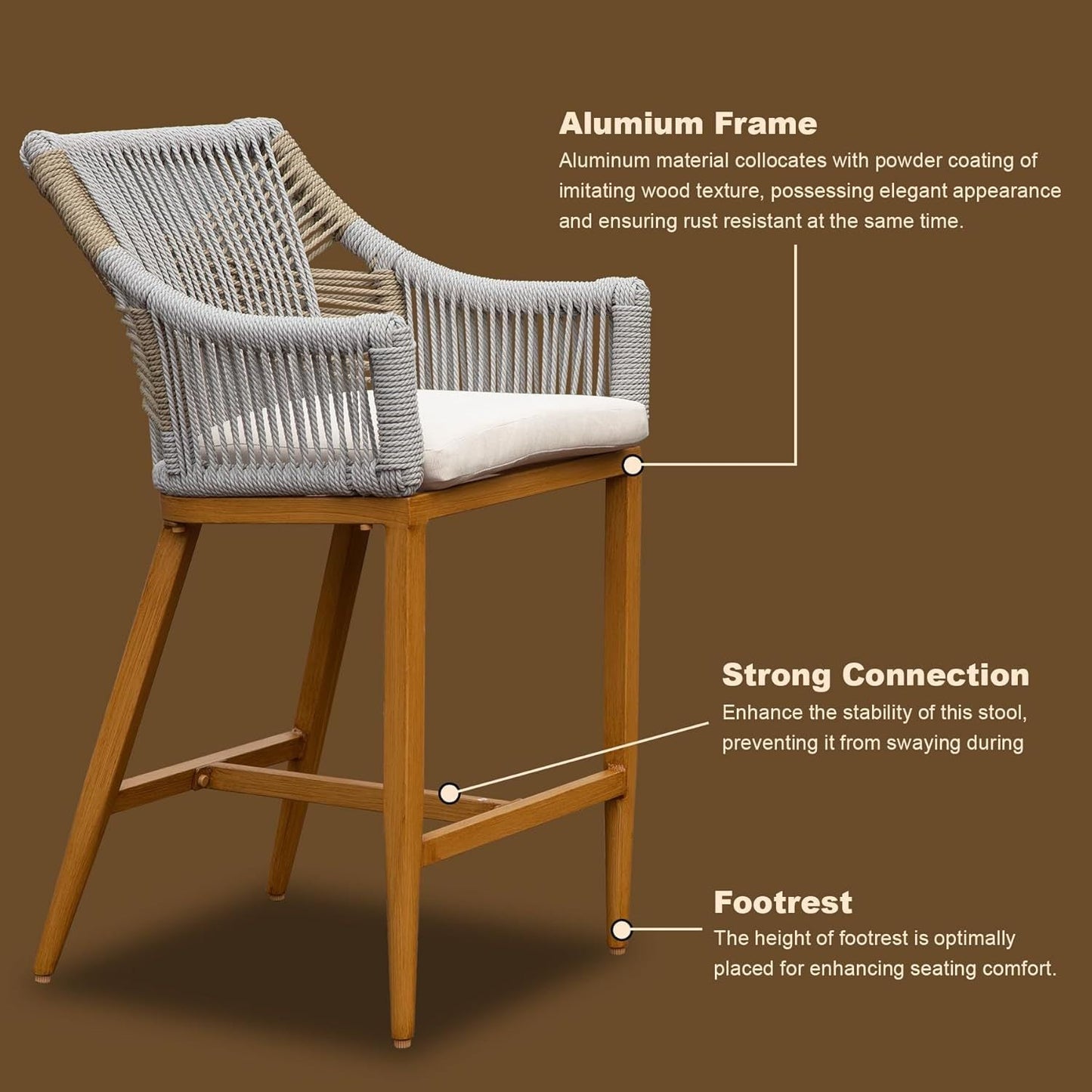 Outdoor Bar Stools set of 2 with arm and backrest; gray rope weave, beige cushions on Tampa Home & Garden Store