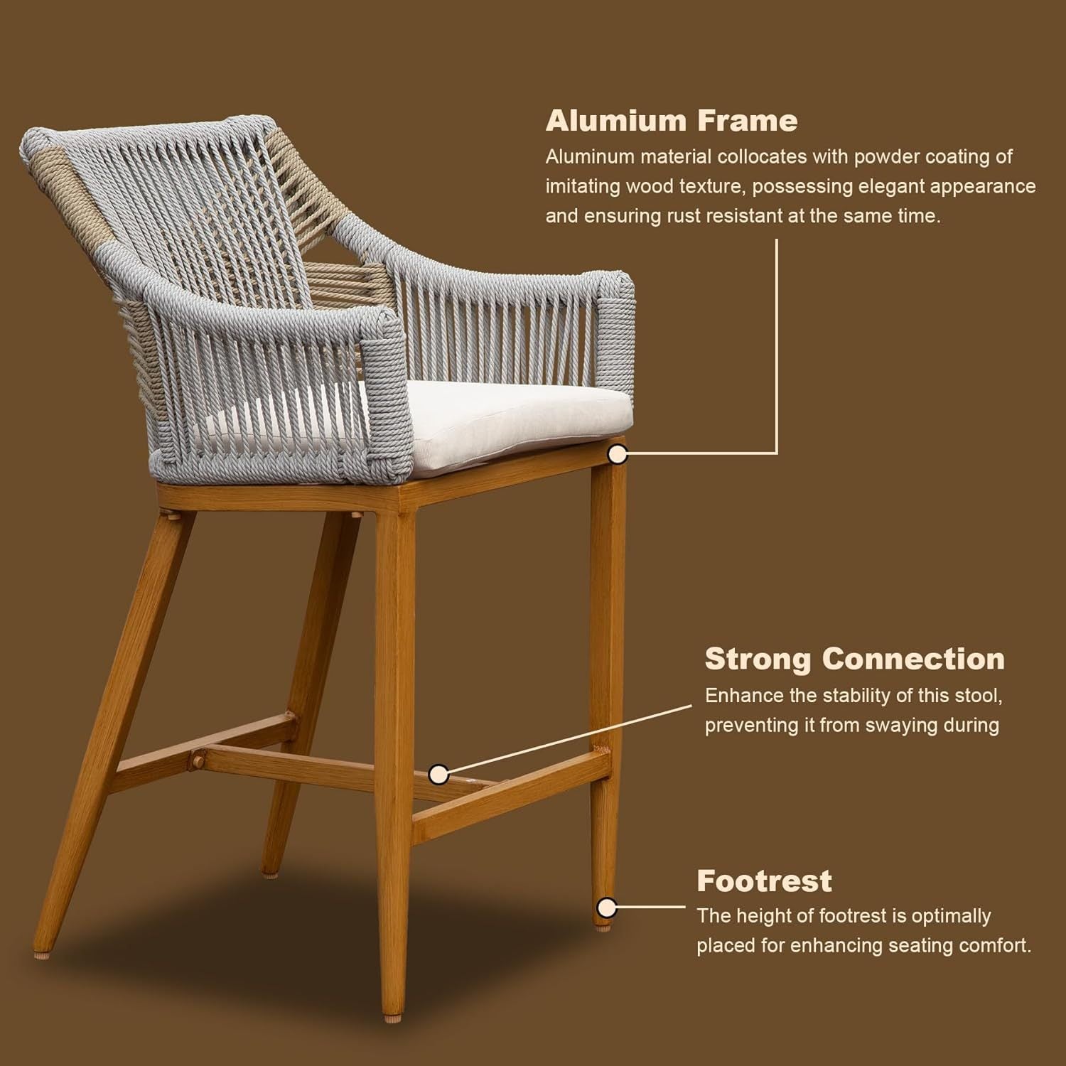 Outdoor Bar Stools set of 2 with arm and backrest; gray rope weave, beige cushions on Tampa Home & Garden Store