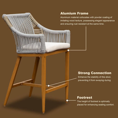 Outdoor Bar Stools set of 2 with arm and backrest; gray rope weave, beige cushions on Tampa Home & Garden Store