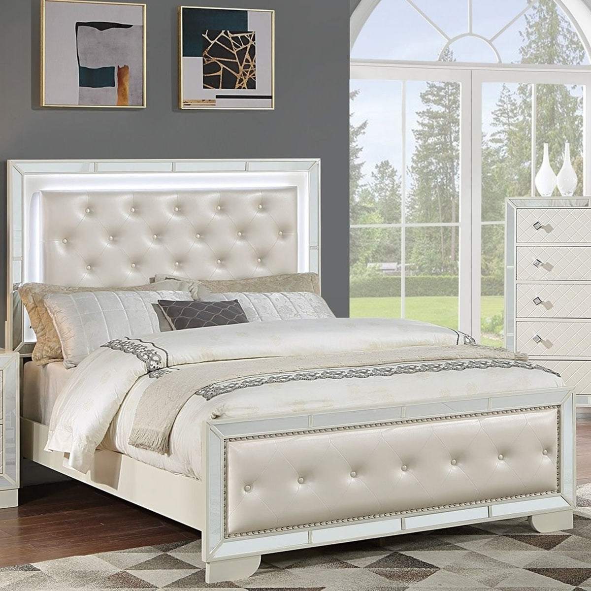 3 Piece Bedroom Set HouseOfZazla: white tufted bed with LED headboard and mirrored nightstands on Tampa Home & Garden Store
