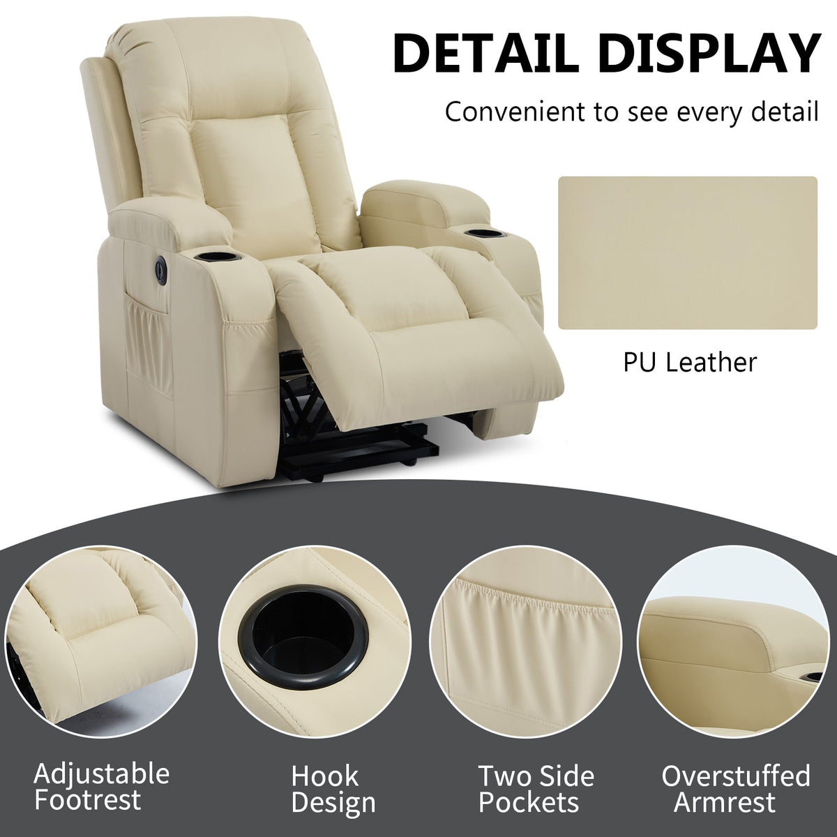 Power Lift Recliner Chair Beige PU Leather Infinite Position HouseOfZazla with cup holders on Tampa Home & Garden Store