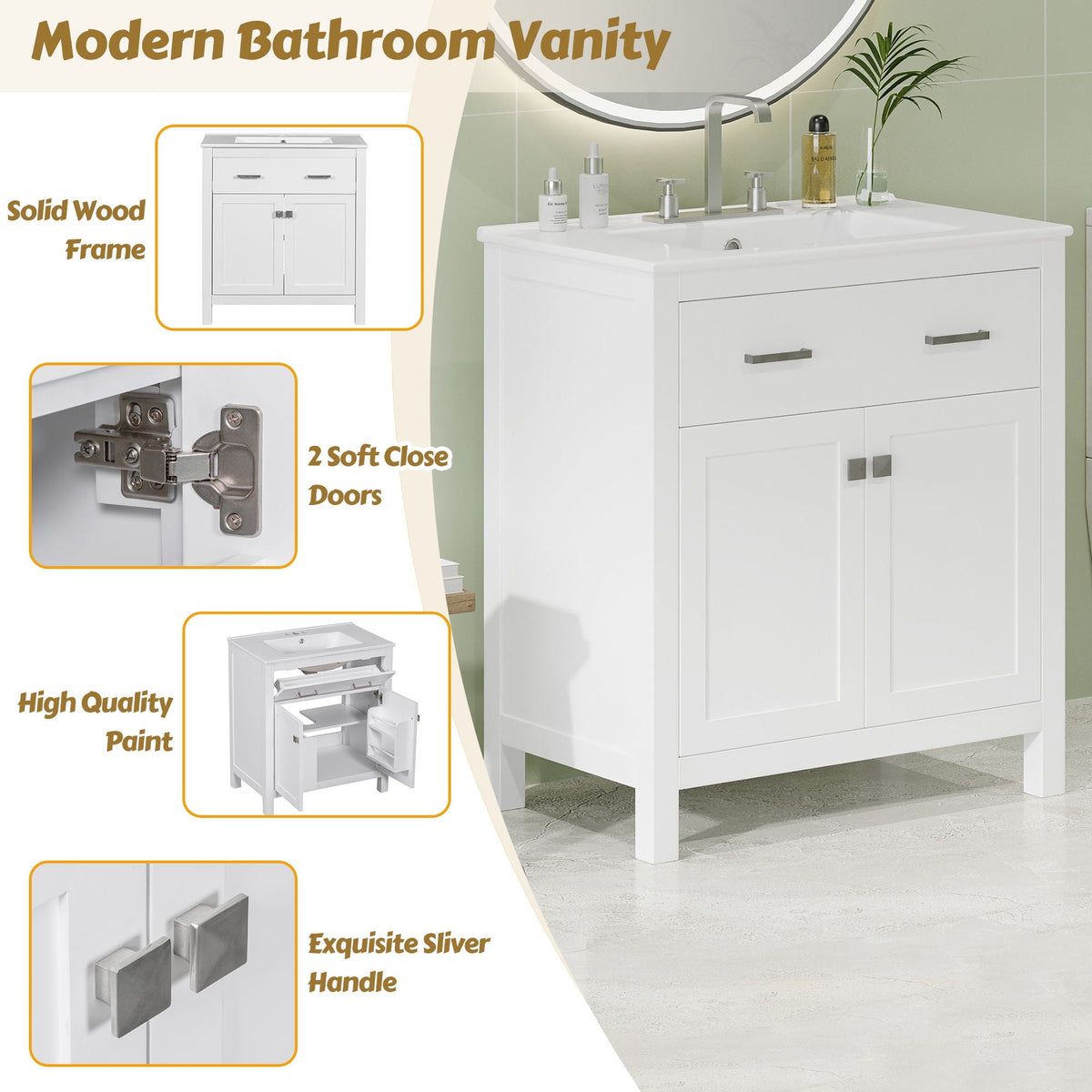 Modern Bathroom Vanity with Ceramic Sink, white solid wood frame, 2 soft-close doors on Tampa Home & Garden Store
