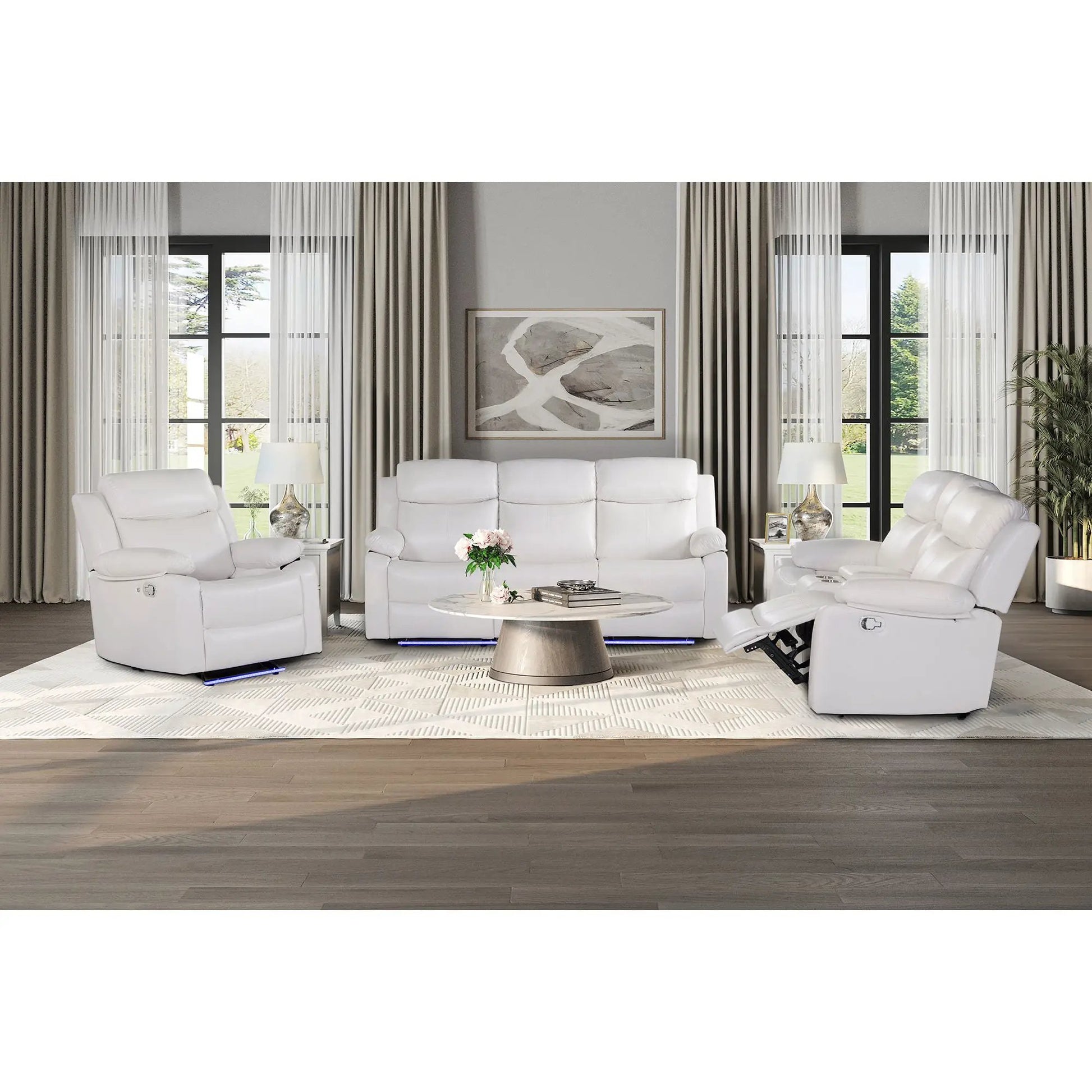 Blanche glider recliners with LED pillow-top arms in white leather, living room set on Tampa Home & Garden Store