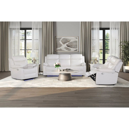 Blanche glider recliners with LED pillow-top arms in white leather, living room set on Tampa Home & Garden Store
