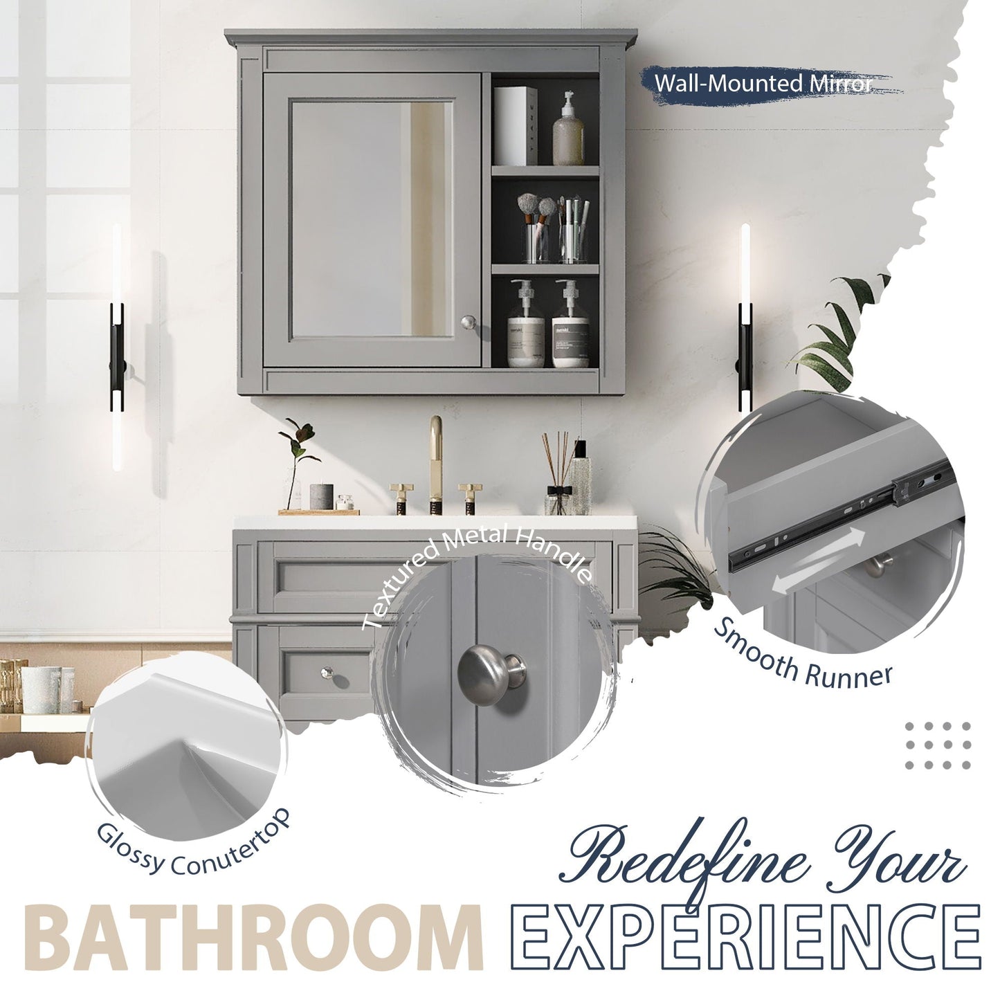 Gray wall-mounted bathroom vanity with medicine cabinet and 2 soft-closing doors HouseOfZazla on Tampa Home & Garden Store