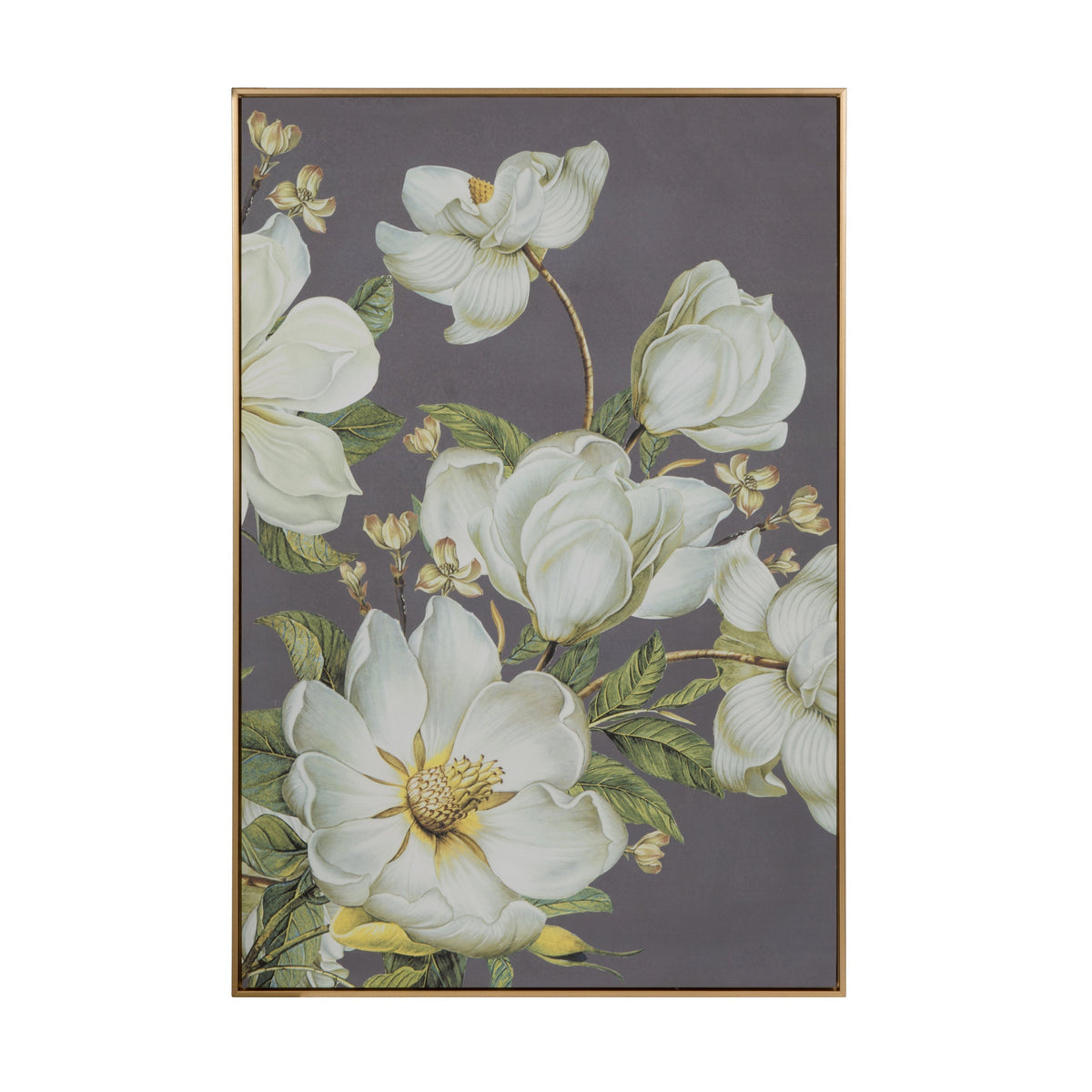 Botanical wall art print in a gold microfiber frame with magnolia blossoms on gray backdrop on Tampa Home & Garden Store