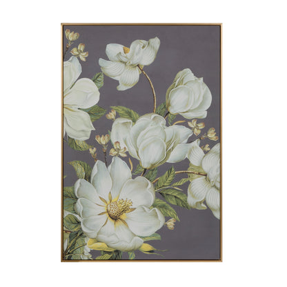 Botanical wall art print in a gold microfiber frame with magnolia blossoms on gray backdrop on Tampa Home & Garden Store