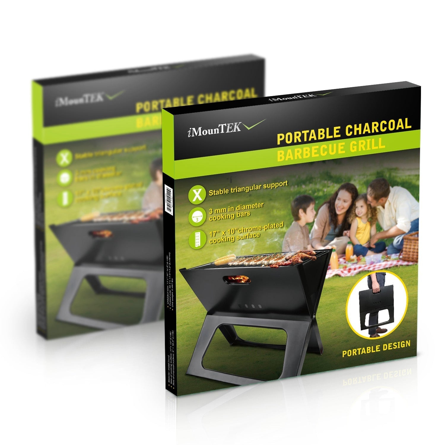 Portable charcoal grill folding design in black with lime accents on packaging boxes iMountEK on Tampa Home & Garden Store