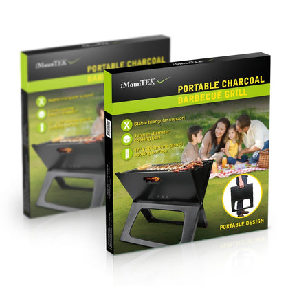 Portable charcoal grill folding design in black with lime accents on packaging boxes iMountEK on Tampa Home & Garden Store