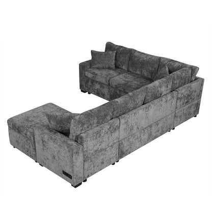 HouseOfZazla sleeper sectional sofa with storage ottoman in gray fabric, 3 pillows, USB ports on Tampa Home & Garden Store