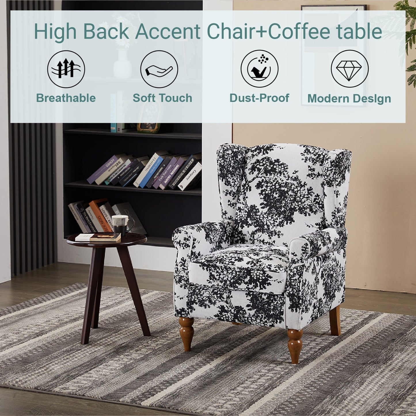 Coffee Table & Armchair Set with black-and-white toile chair and round dark wood table on Tampa Home & Garden Store