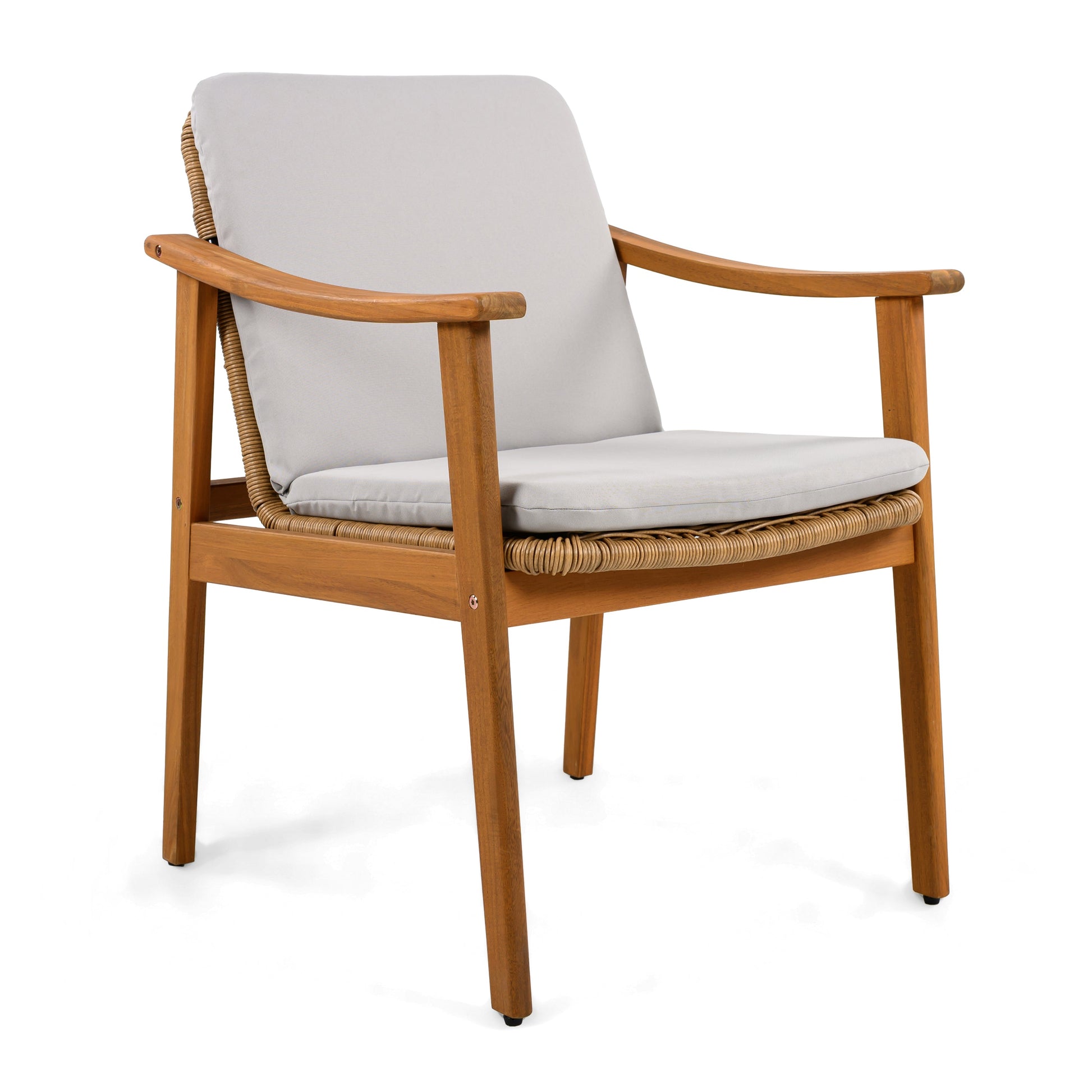 Outdoor dining chairs set of 2 with teak-color acacia wood frame and light gray cushions on Tampa Home & Garden Store