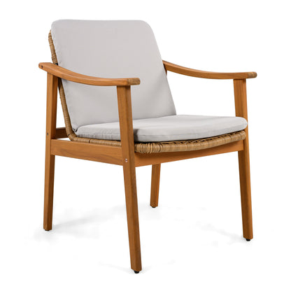 Outdoor dining chairs set of 2 with teak-color acacia wood frame and light gray cushions on Tampa Home & Garden Store
