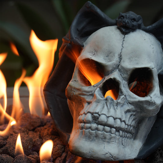 Hand-Welded Fire Pit Skull wall art set in gray concrete finish with flickering flames by HouseOfZazla on Tampa Home & Garden Store