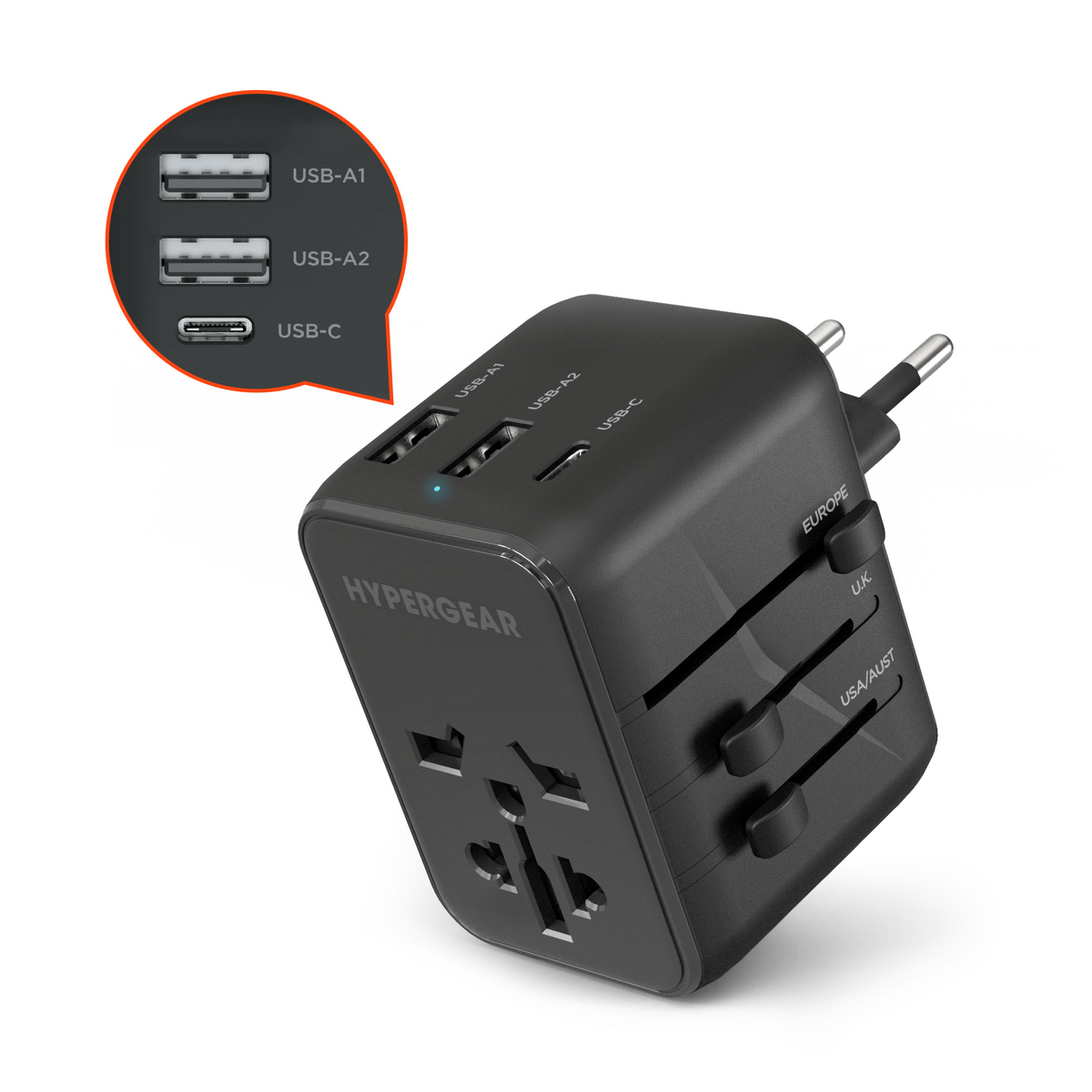 WorldCharge universal travel adapter with USB-C, black HyperGear multiport charger on Tampa Home & Garden Store